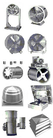High capacity industrial vaneaxial and tubeaxial inline fans with adjustable and controllable pitch wheel baldes.